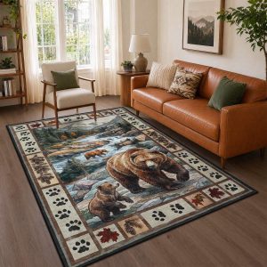 Vintage Bear Area Rug, Low Pile Vintage Wildlife Indoor Carpet for Room Decor
