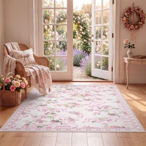 3x5/5x7 Bow Floral Area Rugs, Washable Soft Cute Border Non Slip Low Pile Carpet for Kids Living Dining Room, Oeko-Tex Certified