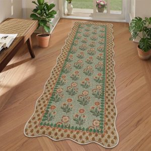 2x6/3x5 Scalloped Floral Easy Jute Washable Area Rug, Farmhouse Soft Low Pile Carpet for Hallway & Entryway, Oeko-Tex Certified