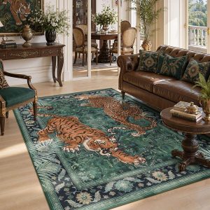 5x7/8x10 Tiger Leopard Print Area Rug, Boho Animal Washable Soft Low Pile Indoor Carpet, Oeko-Tex Certified