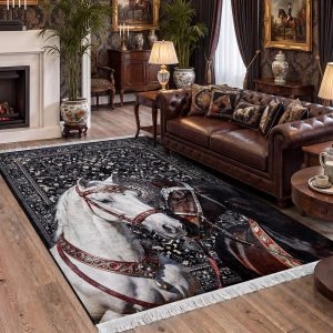 5x7 Boho Western Horse Rug, Washable Non-slip Southwestern Equestrian Rug with Tassels for Living Room