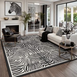 5x7 Zebra Print Washable Area Rug, Boho Modern Animal Soft Non Slip Nursery Living Room Carpet, Oeko-Tex Certified