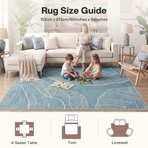 5x7 Boho Leaf Print Area Rugs, Modern Washable Non-Slip Low Pile Indoor Carpet for Living Room, Oeko-Tex Certified