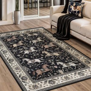 5x7 Boho Horse Print Area Rug, Vintage Animal Washable Non-Slip Carpet with Tassels, Oeko-Tex Certified