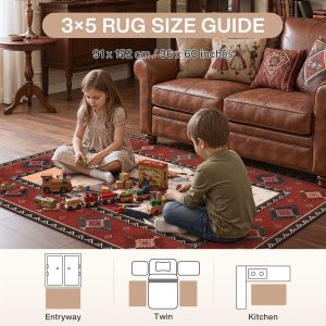 3x5/5x7 Southwestern Rust Red Rugs, Boho Tribal Washable Area Rug for Entryway, Soft Non-Slip Low Pile Indoor Carpet, Oeko-Tex Certified