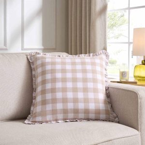 Gingham Square Frill Edge Sofa Cushion Cover - Blush Pink