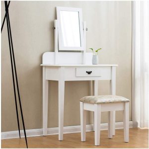1-Drawer White Dressing Table with Stool & Single Square Mirror