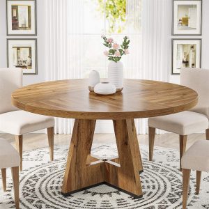 47-Inch Round Farmhouse Dining Table for 4–6 with Cross-Style Pedestal Base