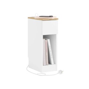 SoBuy FBT111-E-WN-UK Slim Bedside Table with Charging Station Narrow Side Table Nightstand with a Standard Outlet, a USB Port and a Type-C Port for Bedroom Living Room White W20 x D35 x H60cm