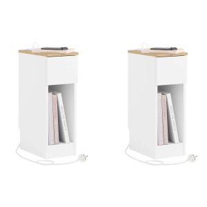 SoBuy FBT111-E-WN-UKx2 Set of 2 Slim Bedside Table with Charging Station Narrow Side Table Nightstand with a Standard Outlet, a USB Port and a Type-C Port for Bedroom Living Room White W20 x D35 x H60cm