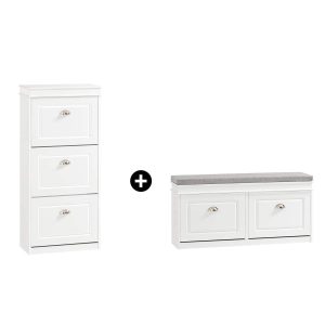 SoBuy FSR64-W+FSR94-W, Shoe Bench + Shoe Cabinet With Flip Drawers, 24cm Depth White Hallway Set