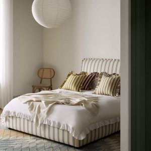 Celeste Upholstered Storage Bed with Ruffled Headboard, Laurel Green Stripe