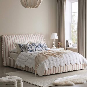 Celeste Upholstered Storage Bed with Ruffled Headboard, Peony Red Stripe