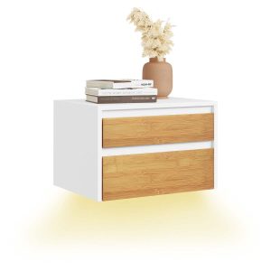 SoBuy FBT175-E-WN, Floating Bedside Table with 2 Drawers & Magnetic Light Bedroom | Wall Mounted Floating Shelf with Hidden Handle Drawer, Space Saving Bedroom Storage, White & Natural, 40×30×26cm
