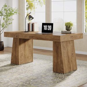 55" Executive Desk with Double Trapezoid Base, Modern Wooden Computer Desk for Home Office