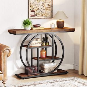 41.3" Console Table, Industrial 4-Tier Sofa Table Entryway Table with Circle Base