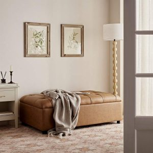 Portland Small Double Buttoned Fold-Out Bed in Ottoman, Tan Faux Suede