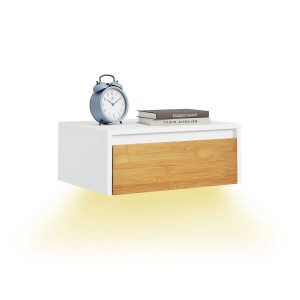 SoBuy FBT174-E-WN, Floating Bedside Table with Drawer & Magnetic Light for Bedroom | Wall Mounted Floating Shelf with Hidden Handle, Space Saving Living Room Storage, White & Natural, 40×30×16cm