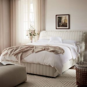 Celeste Upholstered Storage Bed with Ruffled Headboard, Seashell Stripe