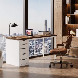 Tribesigns 47" Computer Desk with 5 Reversible Drawers, Rustic Home Office Workstation