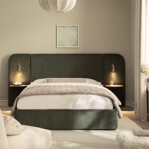 Della Extended Headboard Storage Bed, Moss Green Chenille