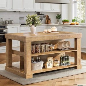 55" Counter Height Bar Table with Storage Shelves, Rectangular Kitchen Table for 6