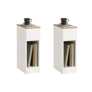 SoBuy FBT111-WNx2 Set of 2 Slim Bedside Tables with Drawer & Open Shelf – Narrow Nightstand Bedside Cabinet White & Natural 20cm Wide