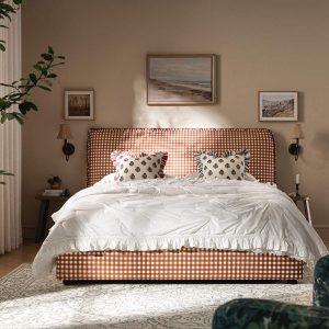 Celeste Upholstered Storage Bed with Ruffled Headboard, Brick Gingham