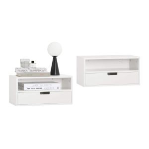 SoBuy NKD03-Wx2, Set of 2 Floating Bedside Table – Space-Saving Wall Shelf with Drawer & Open Shelf, Wall-Mounted Nightstand for Bedroom, W45 x D25 x H22cm, White