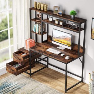 Tribesigns 55 Inch Computer Desk with Storage Shelves, Rustic Office Desk with Drawers