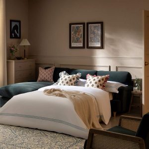 Daphnis Aegean Blue Velvet Sofa Bed, Grande Chaise Left Hand Facing