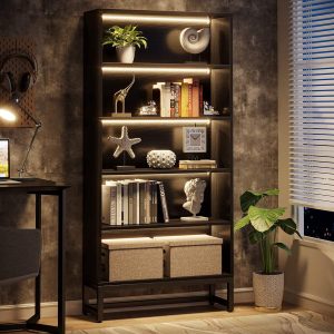 Tribesigns 70.8-Inch Tall Bookcase with LED Lights, 5-Tier Black Bookshelf Organizer