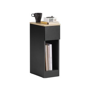 SoBuy FBT111-SCH Slim Bedside Table – 20cm Narrow Nightstand with Drawer & Open Shelf, Black Side Table for Bedroom & Living Room