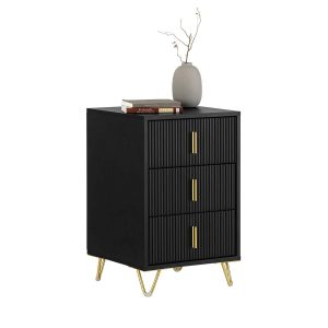 SoBuy FBT115-L-SCH Black Bedside Table with 3 Drawers, Nightstand Side Table for Bedroom & Living Room, Gold Metal Legs, W40×D40×H63cm