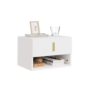 SoBuy FBT176-E-W, Floating Bedside Table with Drawer & LED Motion Sensor Light Bedroom | Wall Mounted Floating Shelf with Open Storage & Adjustable Drawer Design, Modern White Gold, 40×30×26cm