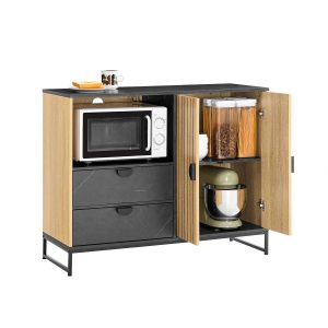 SoBuy FSB103-N, sideboard cabinet kitchen cupboard with microwave shelf Ø6 cm & wine-glass rack, adjustable shelf, raised metal legs, storage unit for kitchen & living room oak black look 107×40×85 cm
