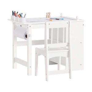 SoBuy KMB60-W, Kids Desk and Chair Set Kids Study Table and Chair Set with 2 Storage Shelves and Paper Roll Holder Children's Desks for Drawing Arts and Crafts White 80x54x66cm