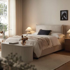 Kricia Upholstered Storage Bed with Pillow Headboard, Oatmeal Chevron