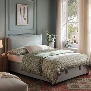 Kricia Upholstered Storage Bed with Pillow Headboard, Slate Blue Chevron