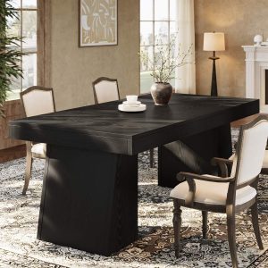 55 Inch Farmhouse Double Pedestal Dining Table, Rectangular Table for 4-6 in Small Spaces