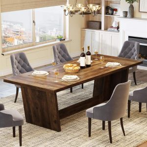 70.87" Rustic Brown Dining Table, Large Farmhouse Rectangular Table with Solid Pedestal Base