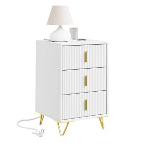 SoBuy FBT115-L-E-W, Nightstand with Charging Function, Bedside Table with 2 Outlets, USB and Type-C, White, B40 x T40 x H63.5 cm