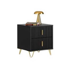 SoBuy FBT115-SCH Bedside Table with 2 Drawers – Compact Nightstand for Bedroom, Fluted Drawer Fronts, Gold Legs, Black W40×D40×H47cm