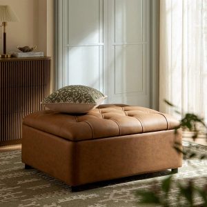 Portland Single Buttoned Fold-Out Bed in Ottoman, Tan Faux Suede