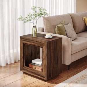 Square End Table, 2-Tier Wooden Sofa Side Table with Storage Shelf