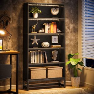 Tall Bookcase Black Bookshelf, 70.8” Large Bookcases Organizer with LED Lights