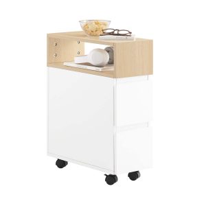 SoBuy FBT155-WN Slim Rolling Side Table with 2 Drawers - Bedside Table with Wheels for Small Spaces, Narrow Wheeled Nightstand for Bedroom/Living Room, 50x20x61cm White/Natural