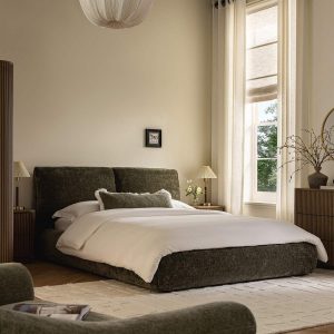 Thera Pillow Headboard Upholstered Bed, Moss Green Chenille