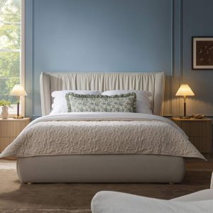 Astrid Ruched Wingback Bed, Ivory Chenille