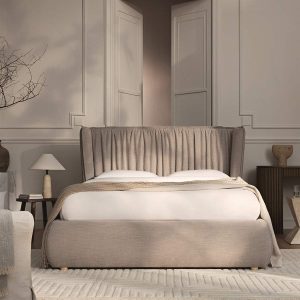 Astrid Ruched Wingback Bed, Oatmeal Chenille